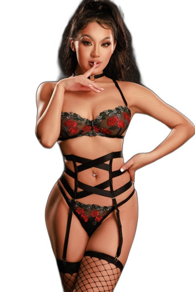 Ensemble lingerie 5 pièces vert et rouge - Séduction raffinée