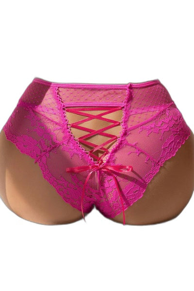 Tanga Lacé Dentelle Rose Taille Haute | Litolu