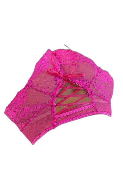 Tanga Lacé Dentelle Rose Taille Haute | Litolu