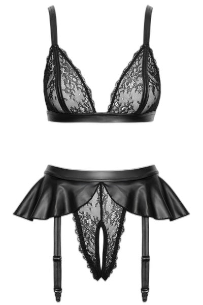 Ensemble Soutien-gorge et Slip Fendu à Jarretelles Noir